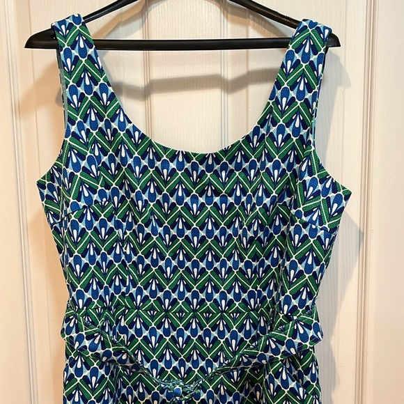 Boden Dress Sheath Emerald Deco Career Colorful Green Blue Belted Lined Size 12 - Picture 3 of 15